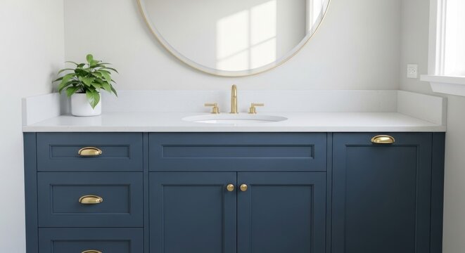 A bathroom vanity with a white countertop, gold fixtures, and navy blue cabinets under a round mirror