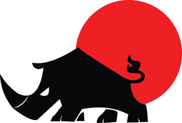 Creative rhino logo with a minimalist red sun behind its back © Amri Grafika