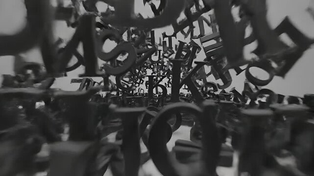 Abstract 3D Rendered Black Letters Forming a Chaotic Cloud.