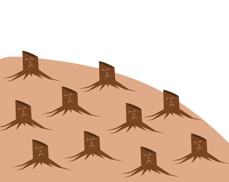 Deforestation concept with sad crying tree stumps vector illustration isolated on transparent background