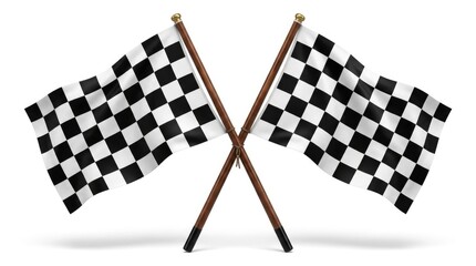 Fototapeta premium Two crossed black and white checkered racing flags on wooden poles isolated on a white background.