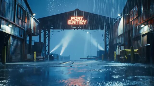 Port entry sign over a gate at an industrial facility at night in the rain.