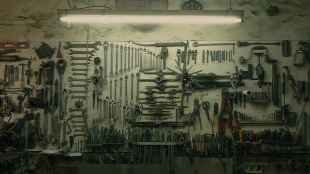 Close up view of workshop tool wall with organized hand tools including wrenches, screwdrivers, files and brushes under fluorescent light in artisan workshop in Valletta, Malta