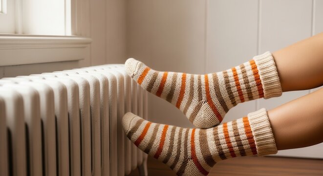 Feet wearing warm striped wool socks resting near a heater.