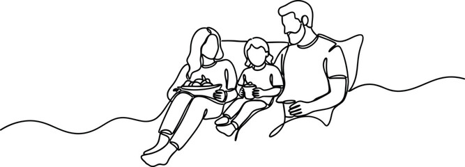 Fototapeta premium Continuous Line Drawing of a Family Sitting Together and Eating at Home
