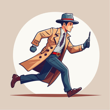 Detective in Trench Coat Running with Walkie-Talkie
