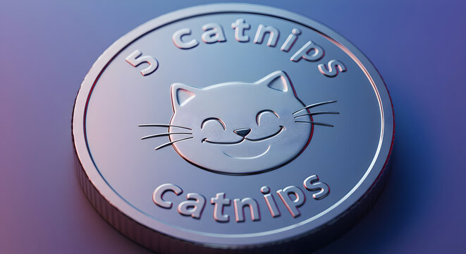 Close-up of a whimsical silver coin featuring a smiling cat face and the word "catnips"