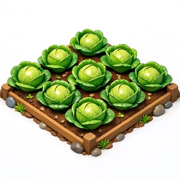 Cabbage Vegetables in a Neat Raised Garden Bed Isometric Illustration