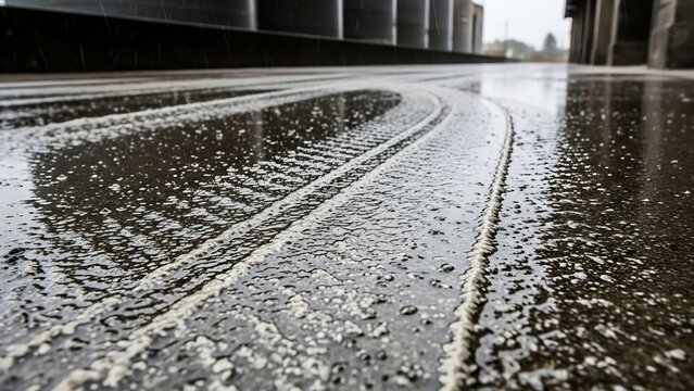 Tire tracks imprinted on a wet, reflective asphalt surface with scattered water droplets, suggesting recent rain or a damp environment.