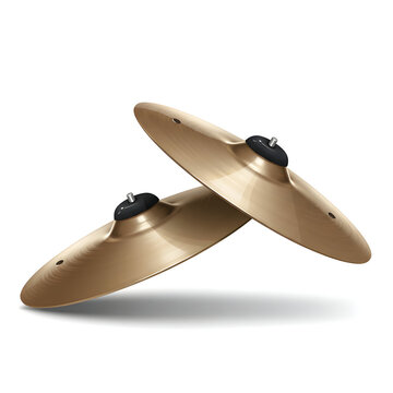 Golden Cymbals in Dynamic Aerial Pose, Isolated on White Background