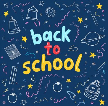 Festive School Supplies and Celestial Doodles Surrounding Colorful Back to School Lettering