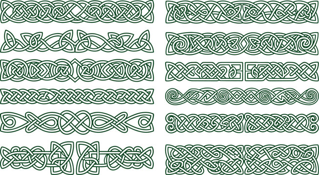 Celtic Knot Green Ornamental Border and Divider Set with Interlace Braid Patterns for Ethnic Traditional Design