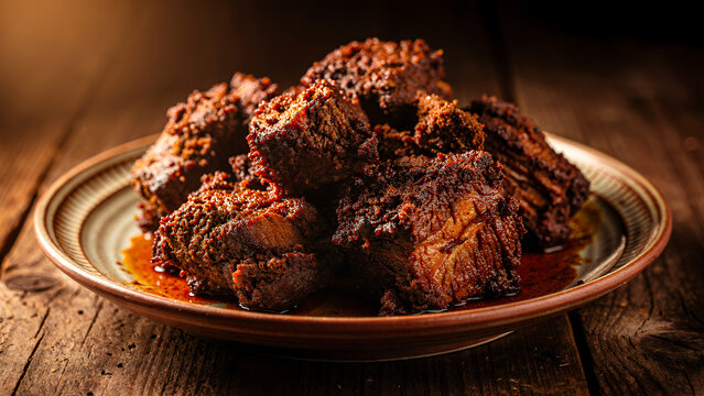 Indonesian beef rendang, a richly spiced dish served on a traditional ceramic plate against a rustic wooden table backdrop. Rendang is a truly delicious dish.