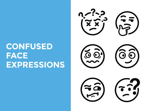 Confused face expressions illustrated in a set of emoticon icons showing various puzzled reactions and emotions.