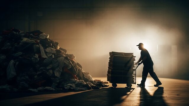 Worker pushing a cart loaded with items next to a large pile of discarded materials in a dimly lit industrial setting.