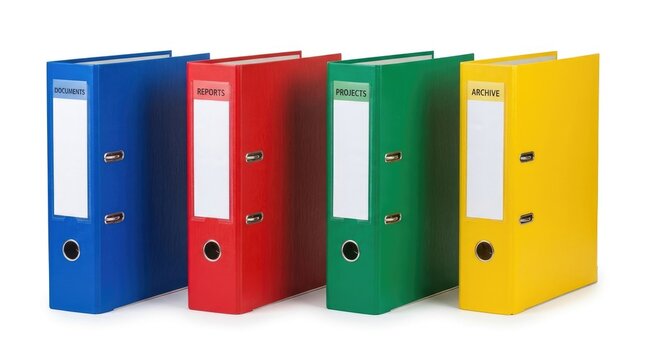 A stack of four colorful office binders