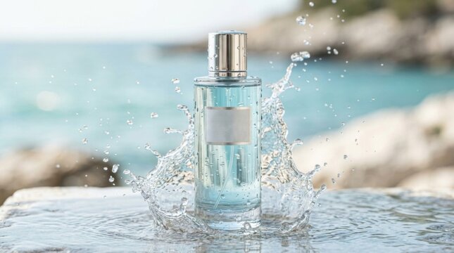 Fresh aquatic perfume bottle with water splash at the seaside
