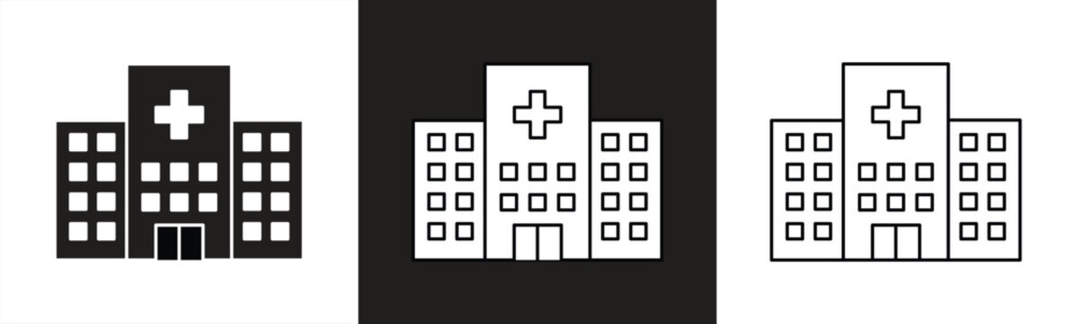 Hospital building icon set. Medical health service symbol. Public health service and patient care sign. Vector illustration