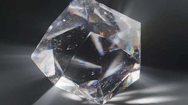 Closeup of a large clear diamond refracting light into a rainbow spectrum.