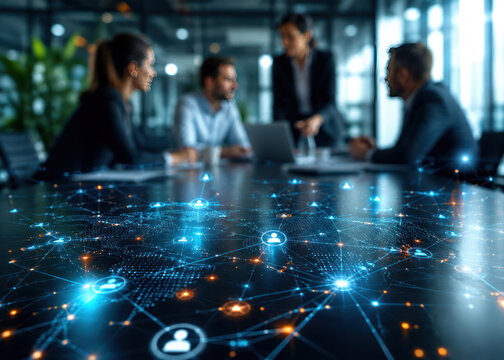 Business Team Meeting with Digital Network Connection Interface