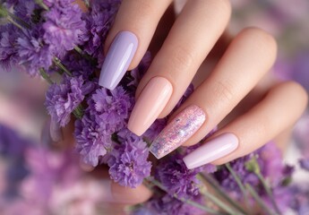 Fototapeta premium Close up of elegant female hand with long purple and pink manicure holding statice flowers manicure aesthetic lavender elegance decoration glamorous treatment creative cosmetic lifestyle