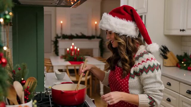 Woman wearing Santa hat and apron cooking dinner in festive kitchen. Happy girl dancing while preparing traditional Christmas