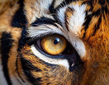 Close-up of a tiger's eye. Intense look captured in detail. Fur and stripes around the golden iris and dark pupil
