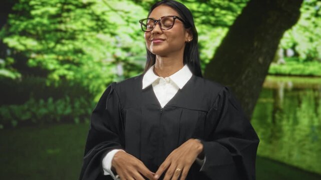 Woman judge in gown and glasses adjusting hands and white collar in studio with projected forest backdrop; confidence authority poise.
