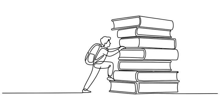 Person struggling to carry heavy stack of books against white background minimalist concept