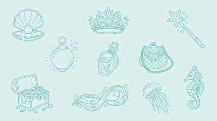 Collection of whimsical underwater fantasy icons including a treasure chest, crown, magic wand, and seahorse. © KN collection