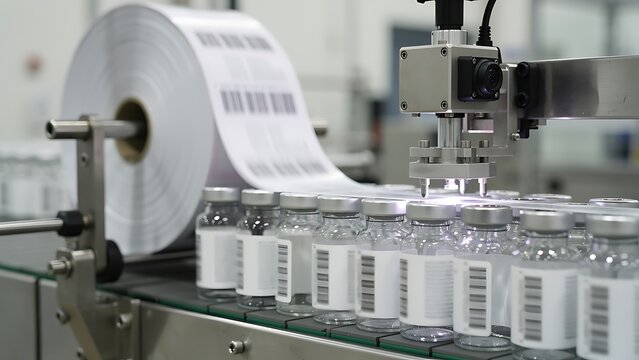Pharmaceutical machine applying barcode label to medical glass vial on conveyor belt. Automated manufacturing line in drug factory. Industrial technology, logistics and chemical production.