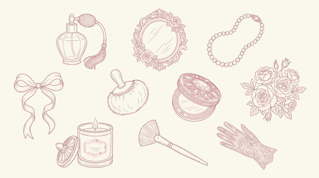 Collection of vintage feminine beauty and cosmetic items, hand-drawn in a delicate pink outline style.
