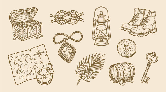 Collection of pirate-themed adventure elements including a treasure chest, map, compass, and boots.