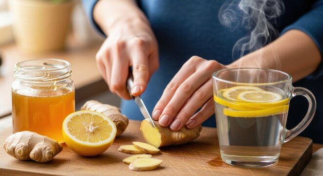 A person cutting a ginger root on a wooden board beside a jar of honey and a mug of steaming lemon water