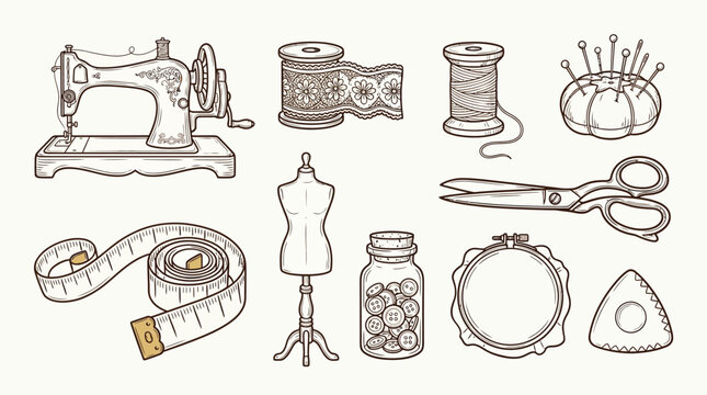 Collection of vintage sewing and tailoring tools, including a sewing machine, scissors, thread, and measuring tape.