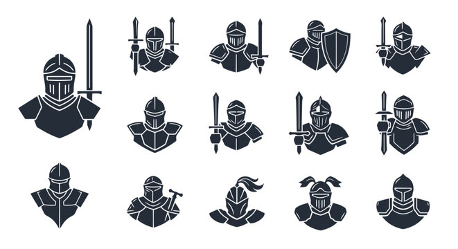 Collection of stylized medieval knight bust icons with swords and shields, presented in a dark silhouette.