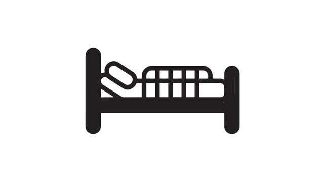 Minimalist bed icon vector, black hotel room sign with pillows and blanket, single bed furniture symbol for wayfinding and hospitality apps