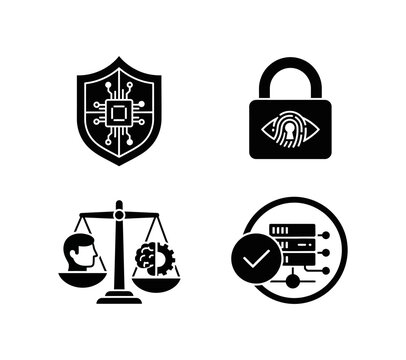 Essential Digital Security Concepts Illustrative icons for robust data protection, ethical technology, biometric privacy, and secure server infrastructure management