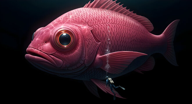 Diver Encounters a Giant Pink Fish in the Deep, Dark Ocean Depths