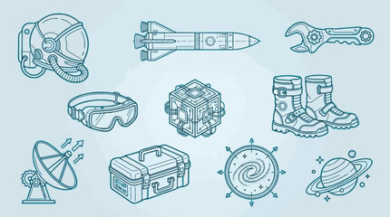 Collection of space exploration icons and symbols in a clean line art style. © KN collection