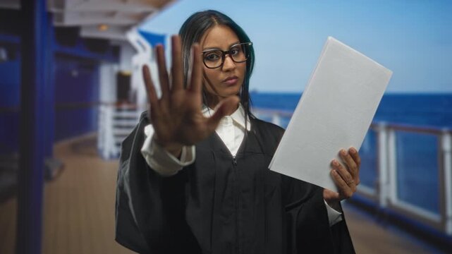 Woman judge brunette in black robe holds court document with raised palm forward toward camera in studio; authority resolve.
