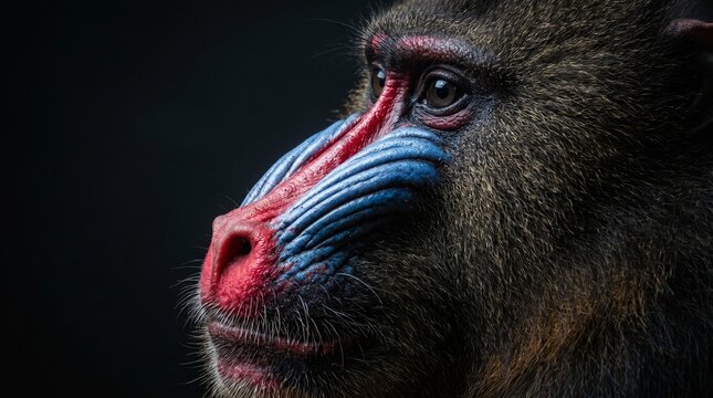 Close-up portrait of a colorful mandrill in profile, showcasing its striking facial features