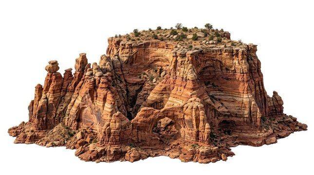 An eroded layered sandstone mesa formation isolated on white