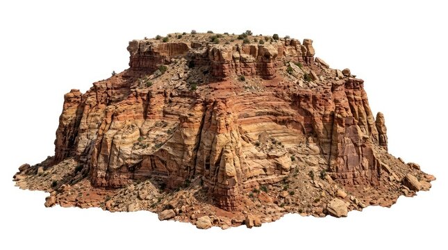 An eroded layered sandstone mesa formation isolated on white