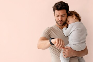 Obraz premium Young father balancing remote work and parenting while holding sleeping toddler in modern lifestyle portrait.