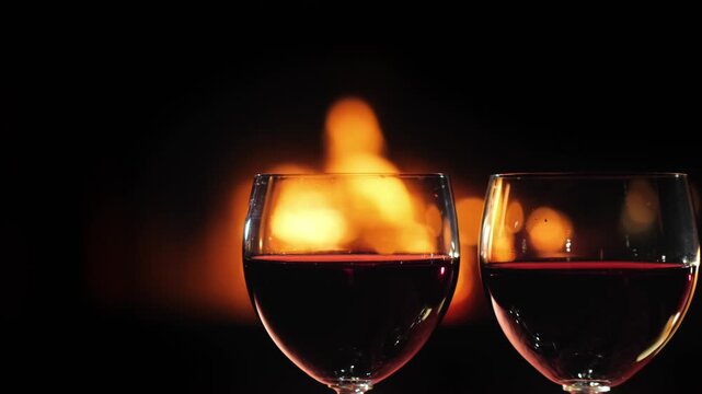 Two glasses of red wine standing in front of a warm fireplace on a quiet evening for romantic celebration of love and luxury.