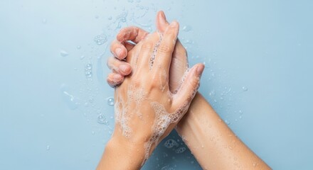 Fototapeta premium Hands washing with soap suds for hygiene against blue background.