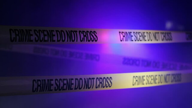 Police sirens flashing on crime scene tape at night, dramatic blue and purple lights illuminating area, dynamic security incident.