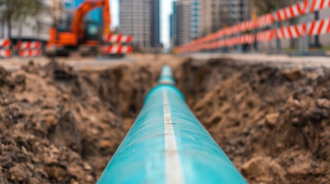 Pipeline construction in urban trench with excavator and new blue water utility pipe