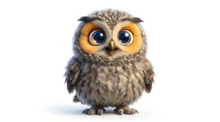 Obraz premium Adorable fluffy baby owl illustration with big eyes sitting and looking forward digital art illustration wildlife adorable innocent character